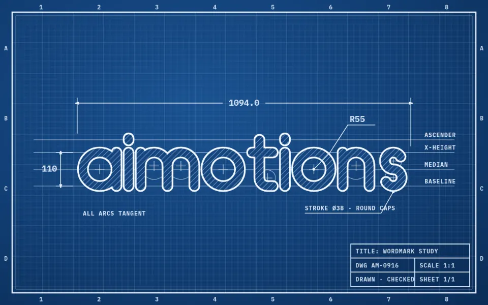 Technical Blueprint Drawing text animation: the word aimotions animated in this style
