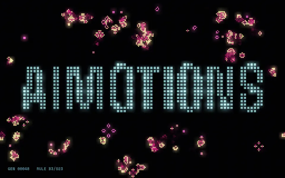 Cellular Automaton Glow text animation: the word aimotions animated in this style