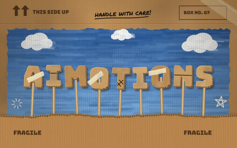 Cardboard Cut-Out Puppets text animation: the word aimotions animated in this style