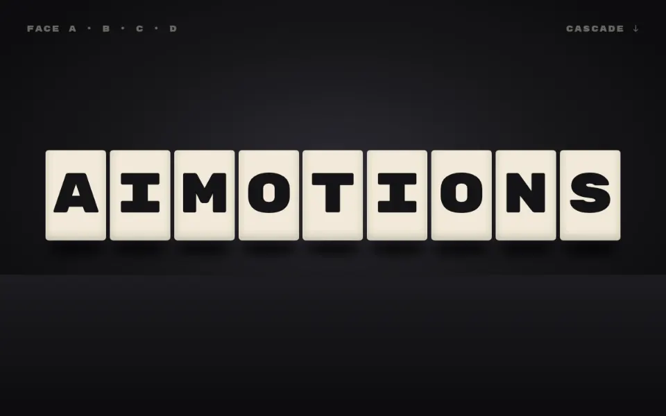 3D Cube Flip Cascade text animation: the word aimotions animated in this style