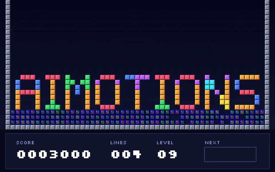Falling Blocks Puzzle text animation: the word aimotions animated in this style