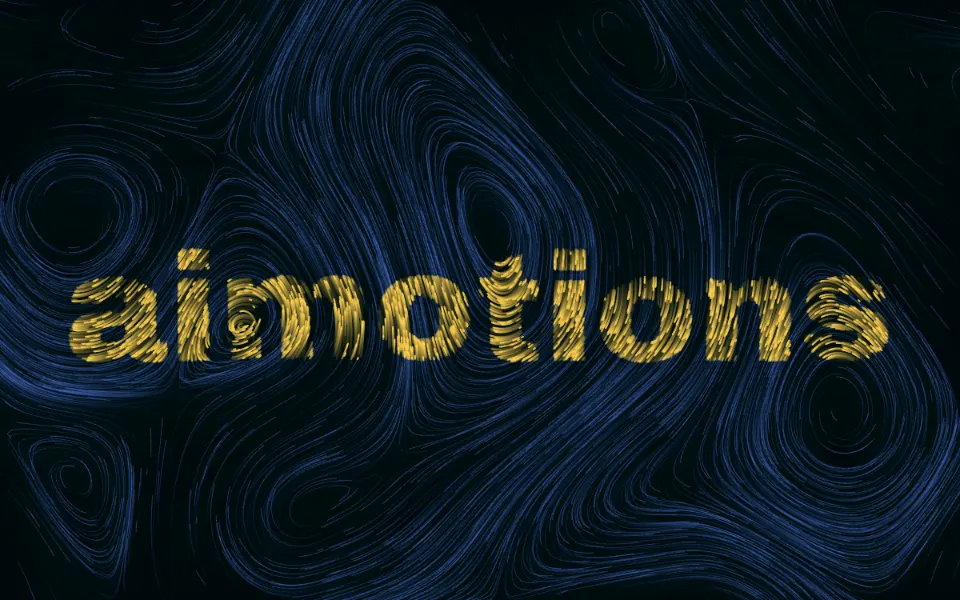 Flow Field Trails text animation: the word aimotions animated in this style
