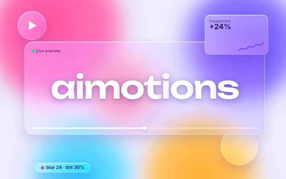 Glassmorphism Cards text animation: the word aimotions animated in this style