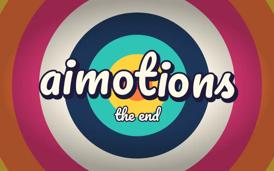 Cartoon Iris-Out End Card text animation: the word aimotions animated in this style
