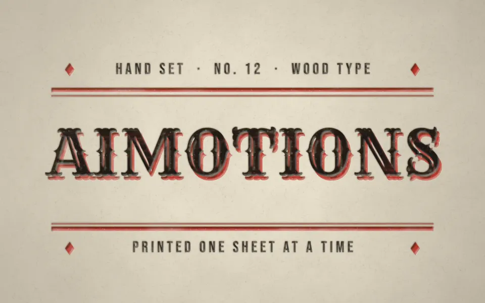 Letterpress Wood Type text animation: the word aimotions animated in this style