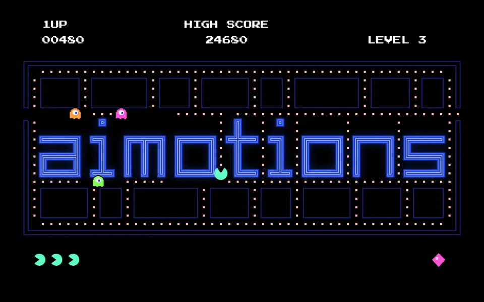 Maze Chase Arcade text animation: the word aimotions animated in this style