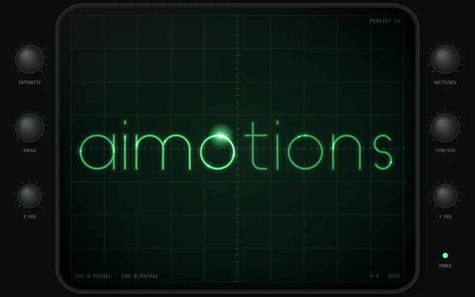 Oscilloscope Vector Trace text animation: the word aimotions animated in this style