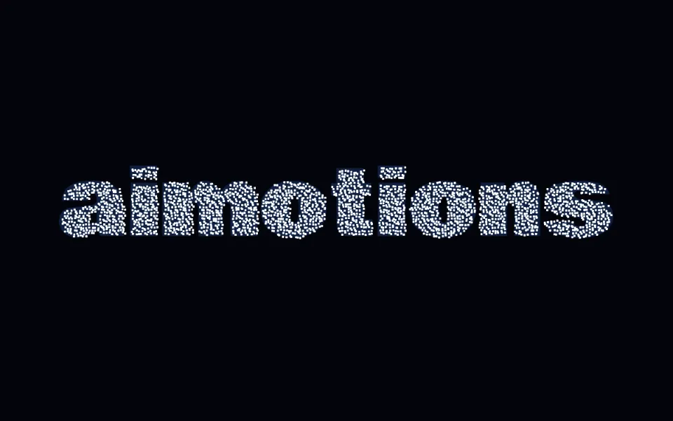 Particle Explode & Assemble text animation: the word aimotions animated in this style