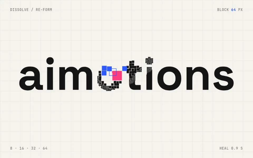 Pixel Dissolve Hover text animation: the word aimotions animated in this style