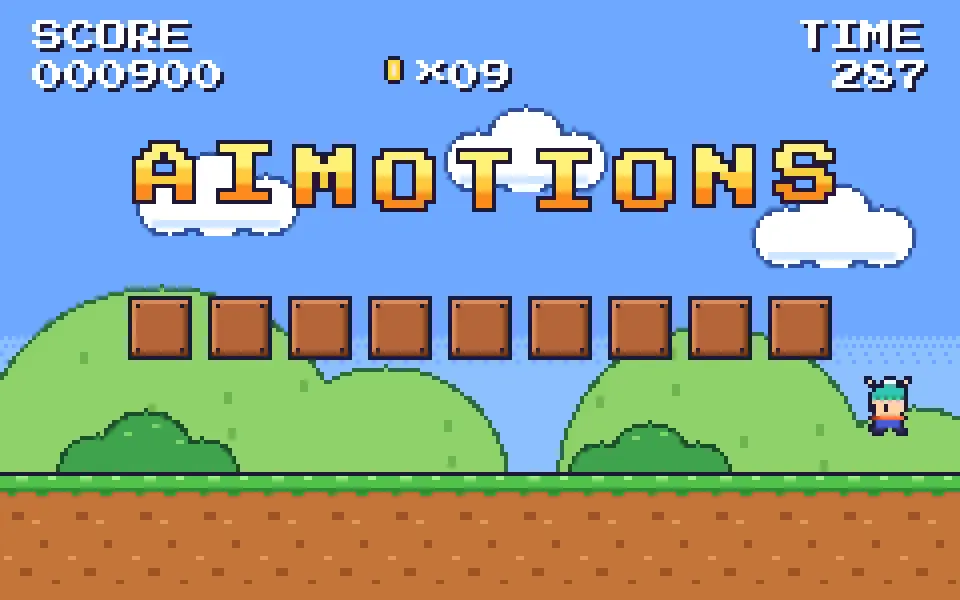 8-bit Platformer Level text animation: the word aimotions animated in this style