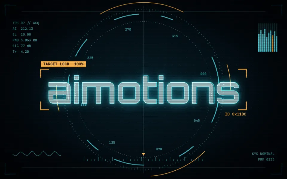 Sci-fi HUD Target Lock text animation: the word aimotions animated in this style