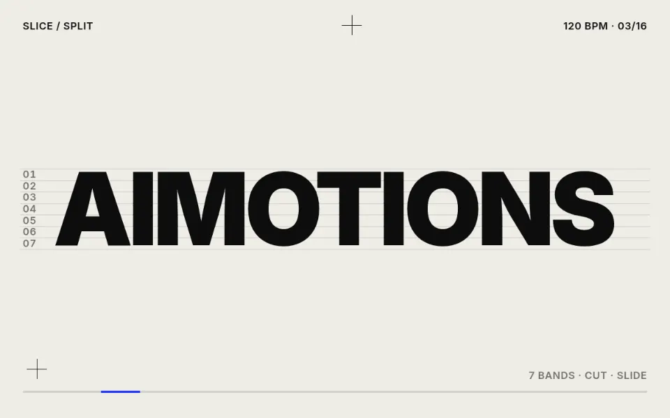 Slice & Split text animation: the word aimotions animated in this style