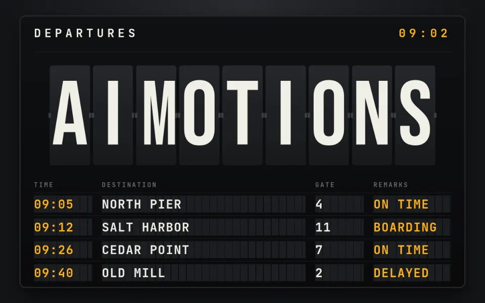 Split-Flap Departure Board text animation: the word aimotions animated in this style