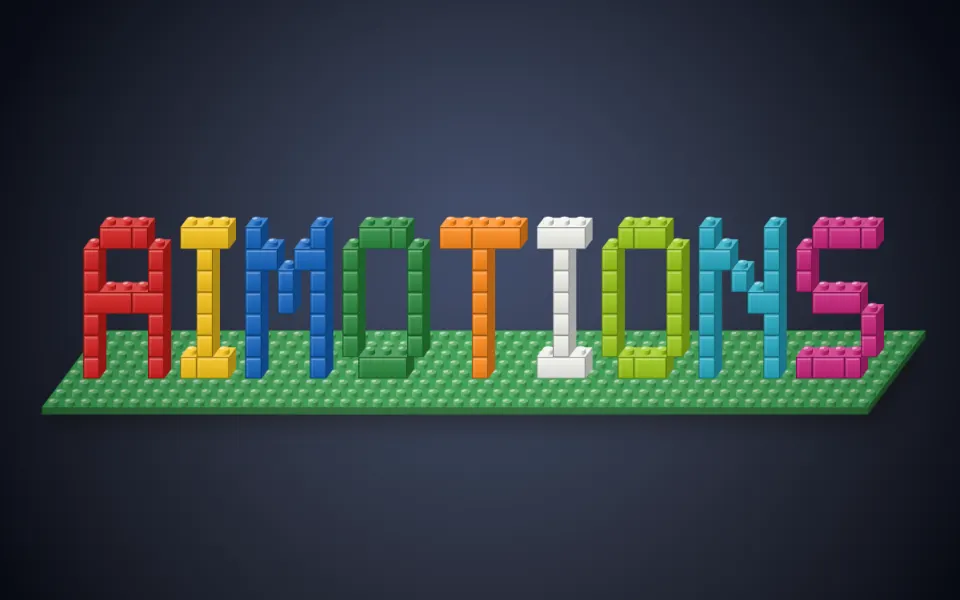 Toy Bricks Build text animation: the word aimotions animated in this style