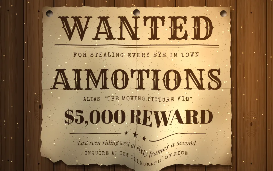 Western Wanted Poster text animation: the word aimotions animated in this style